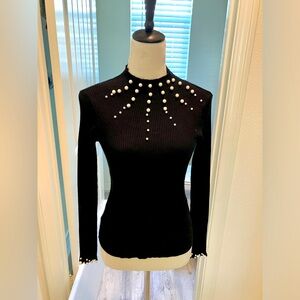 Black rib knit top/shirt/sweater with pearl collar and sleeve detail